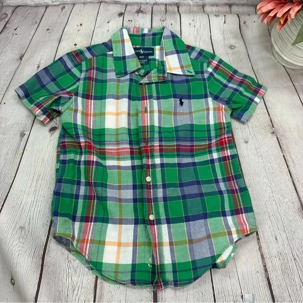 ralph lauren plaid button up short sleeve boys sz 4 4T preppy horseman logo